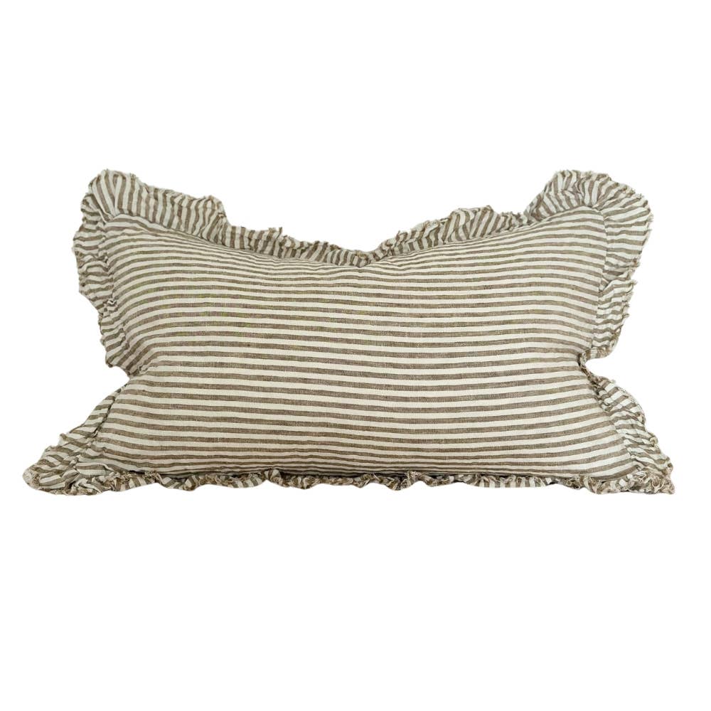 Hallie Olive Green Stripe Ruffled Linen Cushion Cover  50x30cm