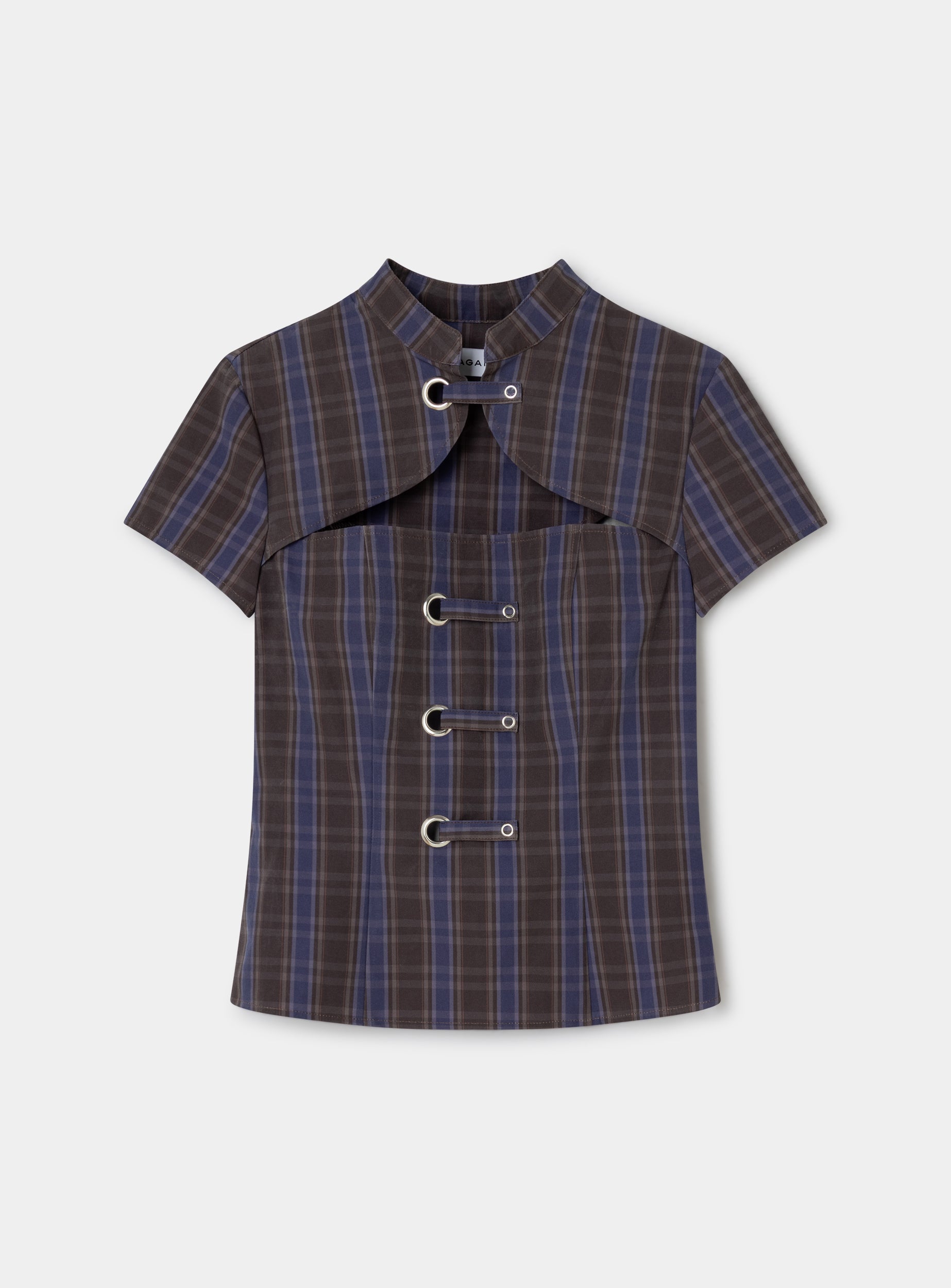 LAAGAM Brown Check Azura Squared Mandarin Style Top