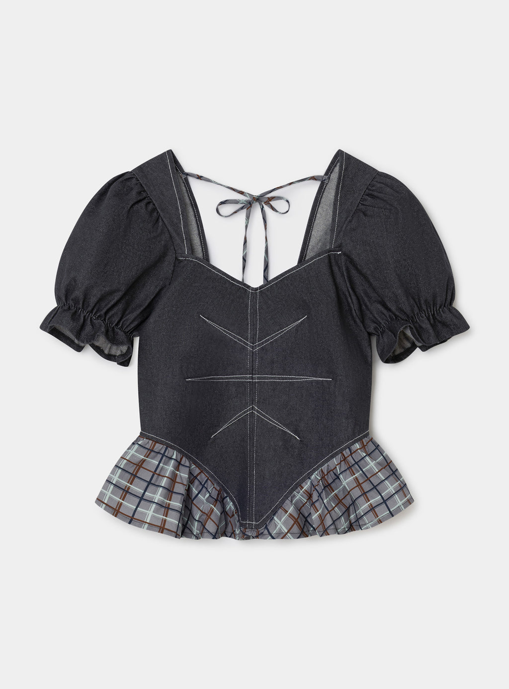 LAAGAM Grey Regina Puff Sleeve Check Denim Top