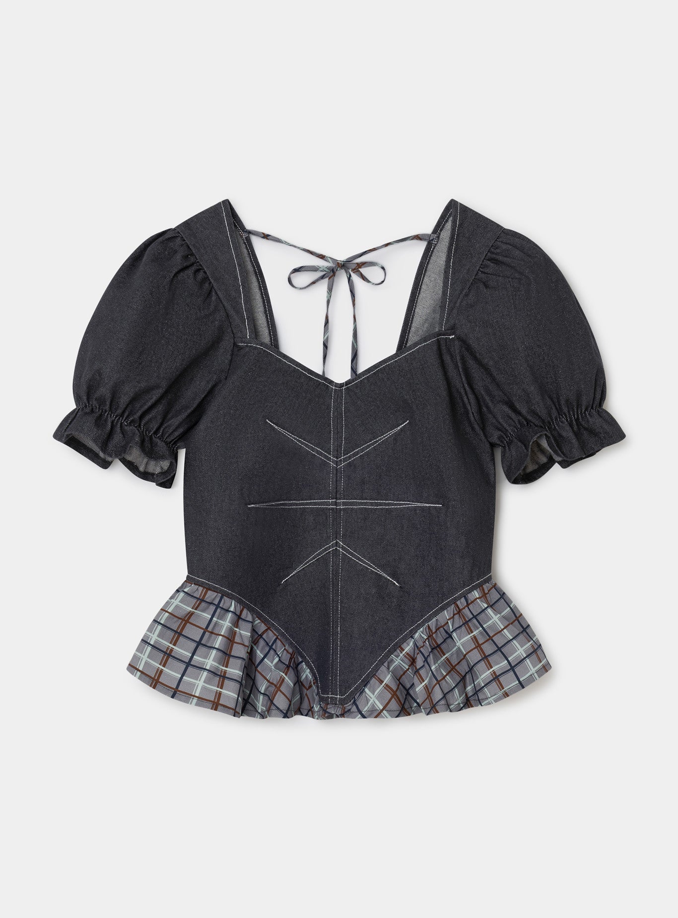 LAAGAM Grey Regina Puff Sleeve Check Denim Top