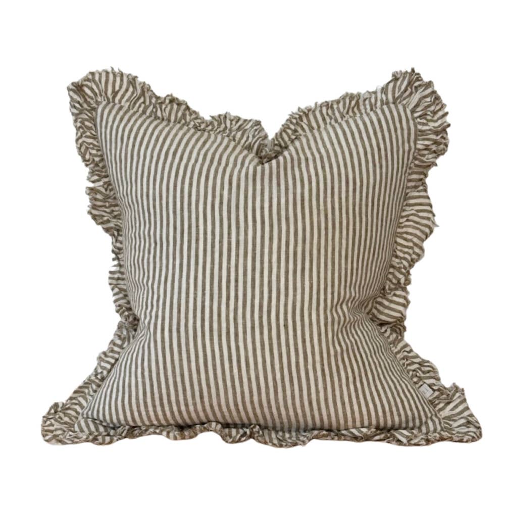 Olive Stripe Hallie Ruffled Linen Cushion Cover 53x53