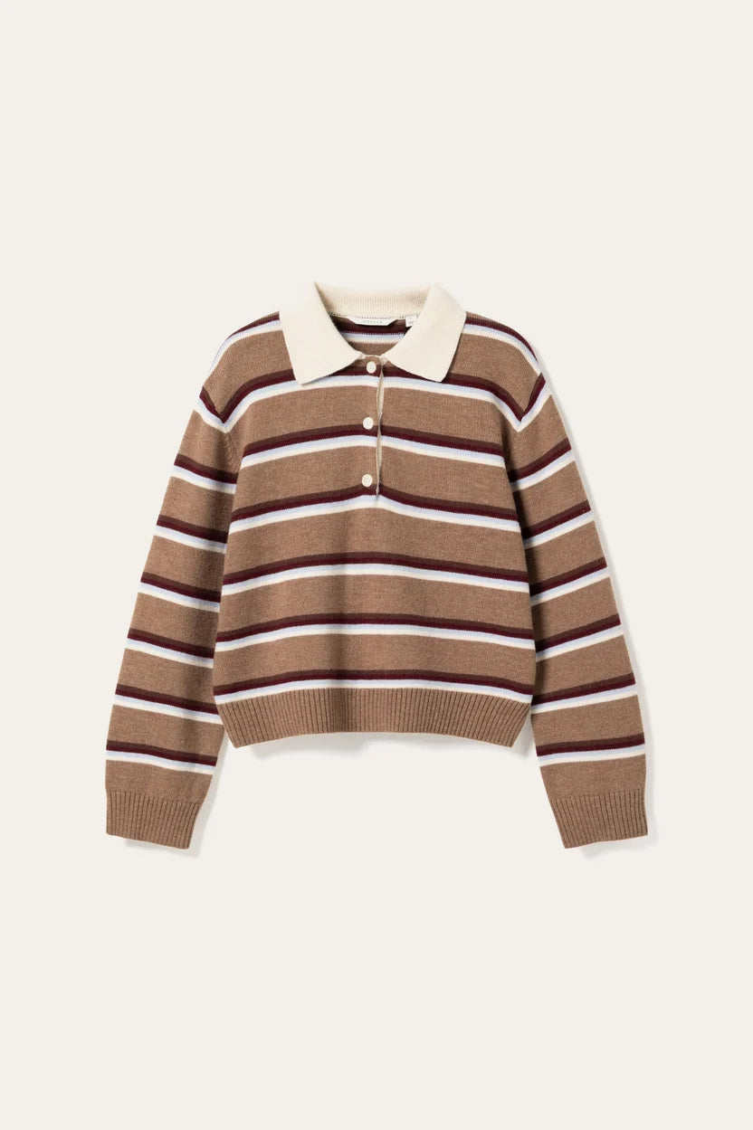Noella Camel Brown Stripe Merryl Knitted Long Sleeve Wool Blend Polo Shirt