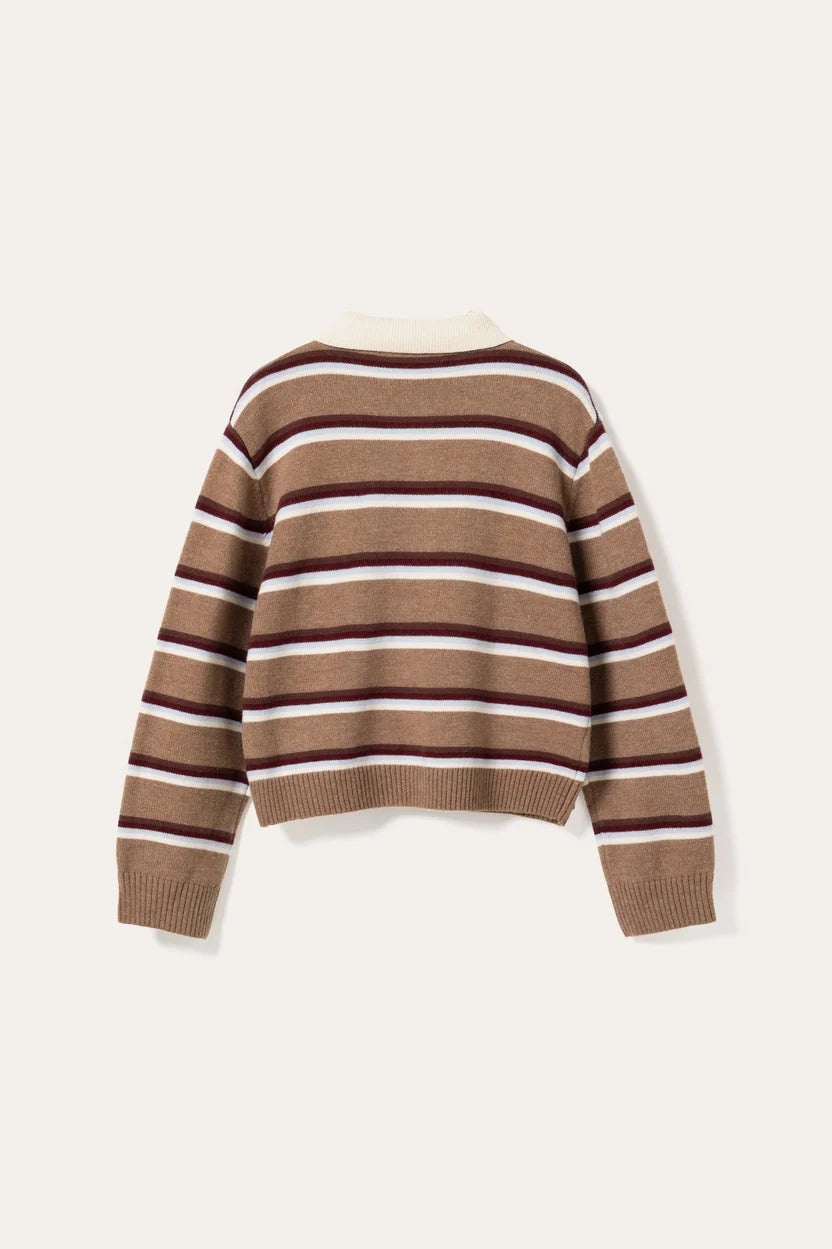 Noella Camel Brown Stripe Merryl Knitted Long Sleeve Wool Blend Polo Shirt