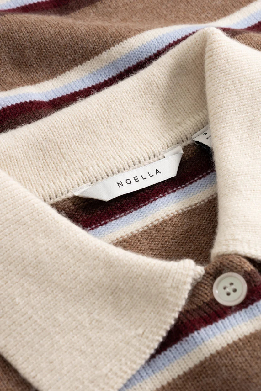 Noella Camel Brown Stripe Merryl Knitted Long Sleeve Wool Blend Polo Shirt
