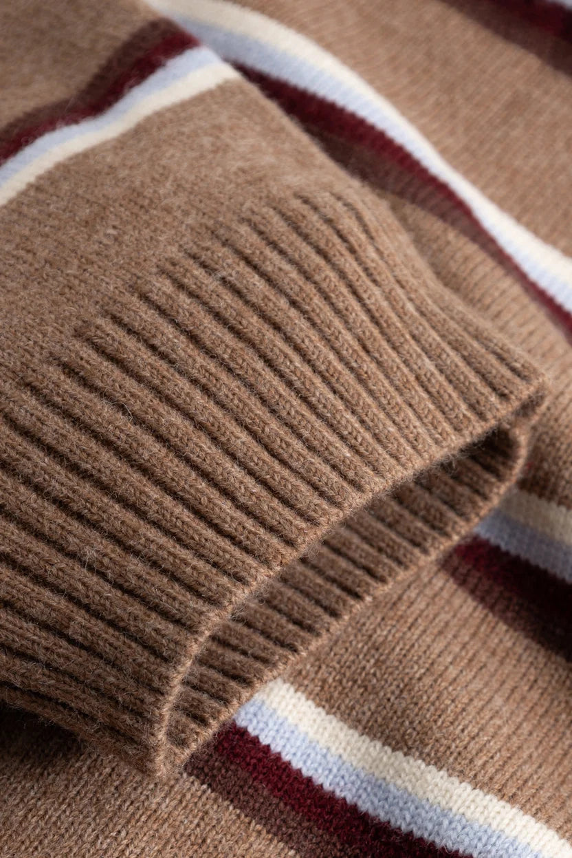 Noella Camel Brown Stripe Merryl Knitted Long Sleeve Wool Blend Polo Shirt