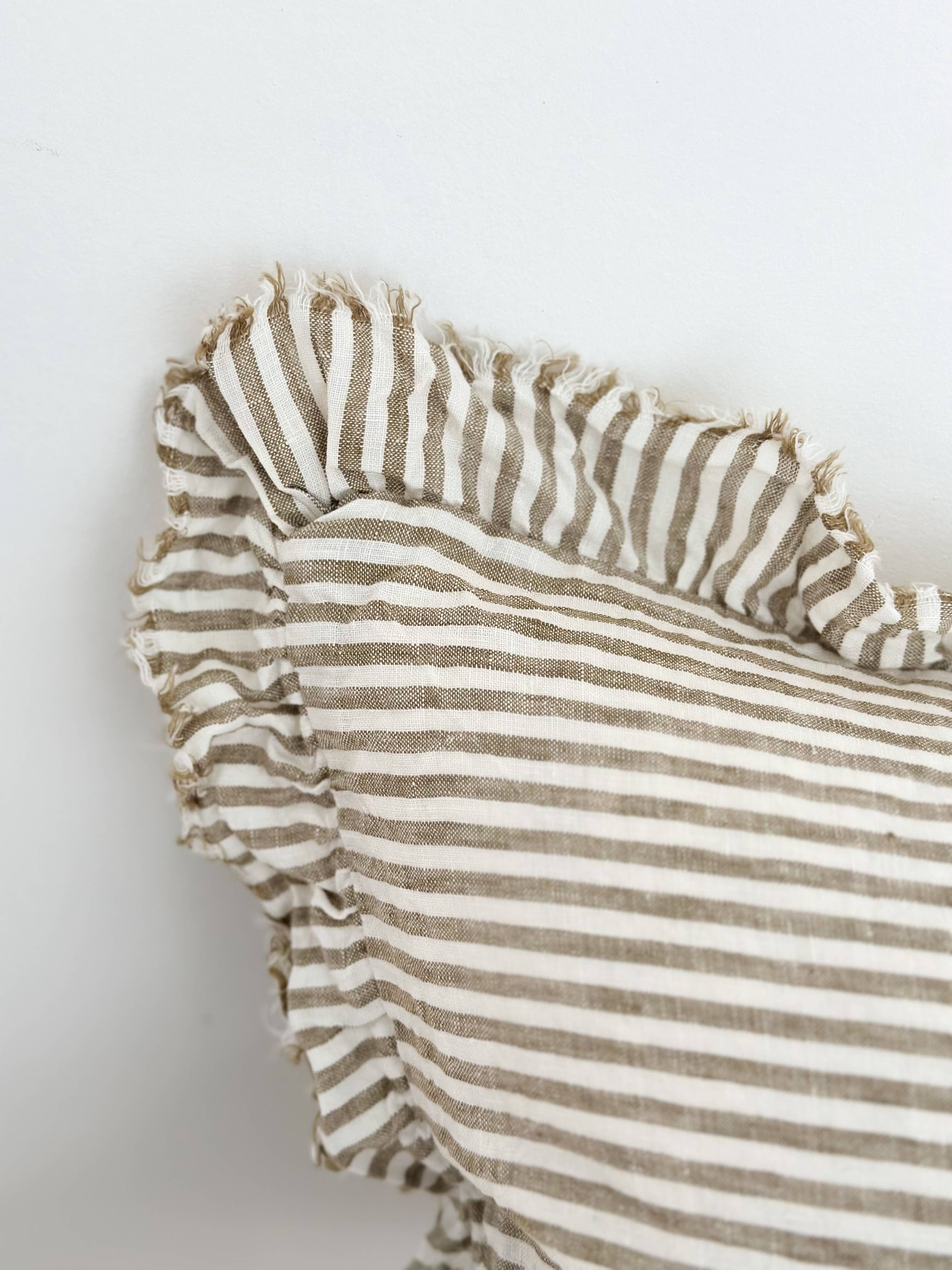 Hallie Olive Green Stripe Ruffled Linen Cushion Cover  50x30cm