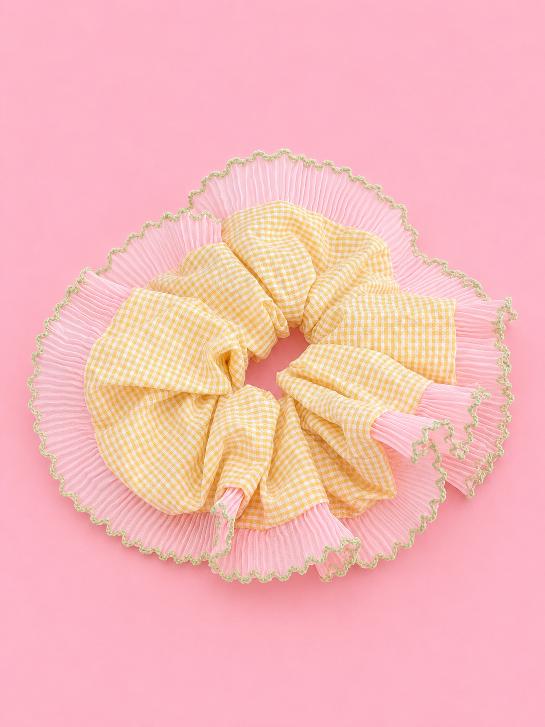 Yellow Gingham & Pink Ruffle Scrunchie