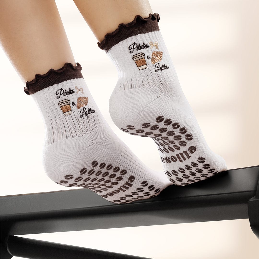 Elliosa White & Brown Pilates & Lattes Grip Socks