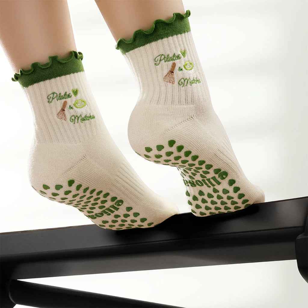 Elliosa Cream & Green Pilates & Matcha Grip Socks