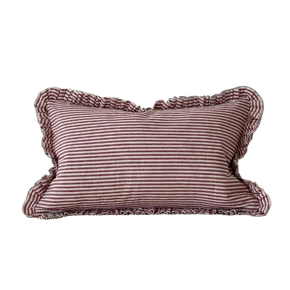 Darcy Burgundy Stripe Ruffle Cotton Cushion Cover 50x30cm