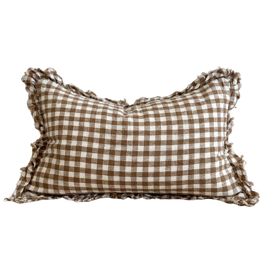 Hallie Brown Gingham Ruffled Linen Cushion Cover 45x45cm
