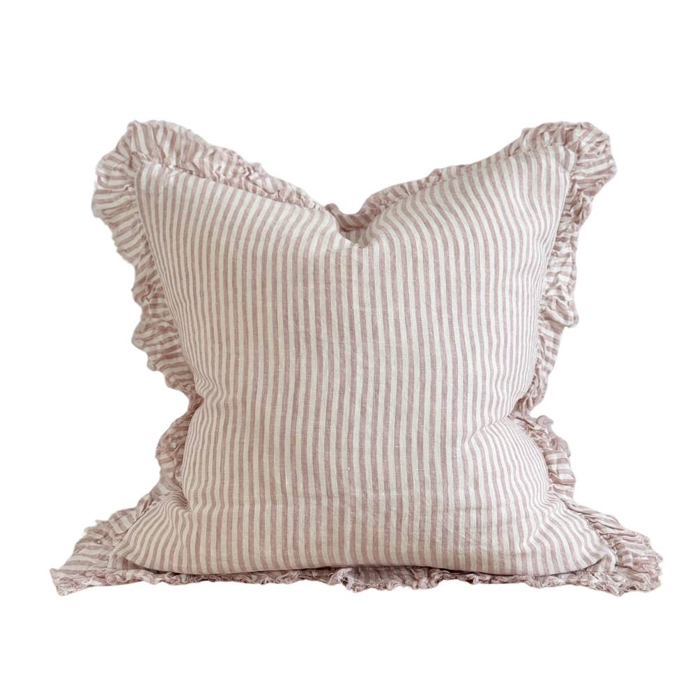 Hallie Light Pink Stripe Ruffled Linen Cushion Cover 45x45