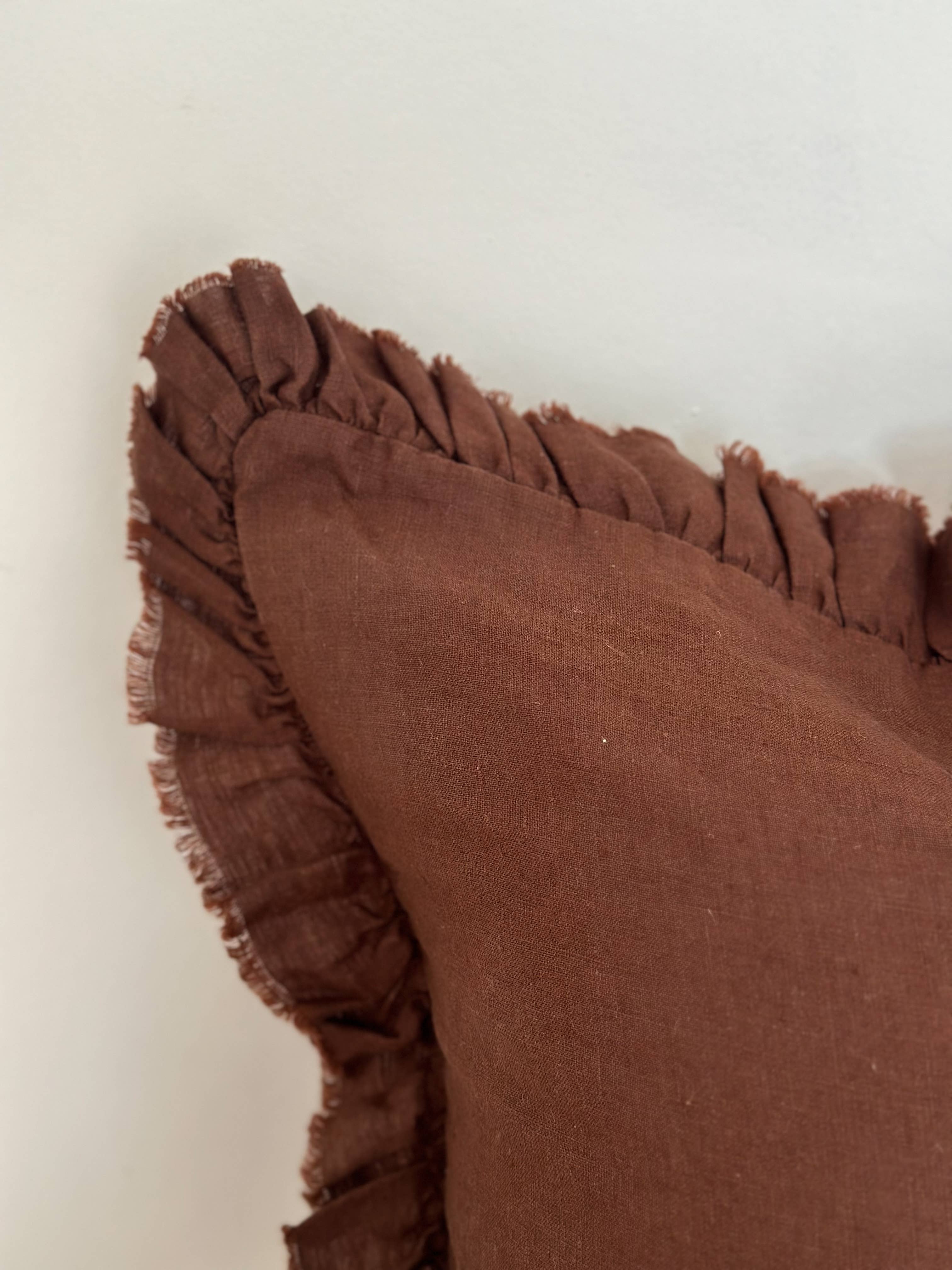 Hallie Dark Brown Ruffled Linen Cushion Cover 45x45cm