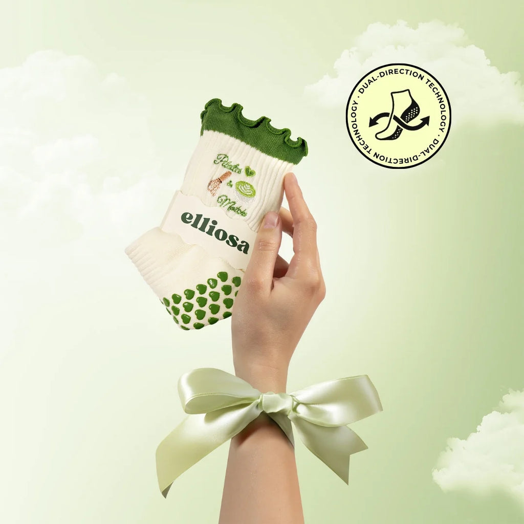Elliosa Cream & Green Pilates & Matcha Grip Socks