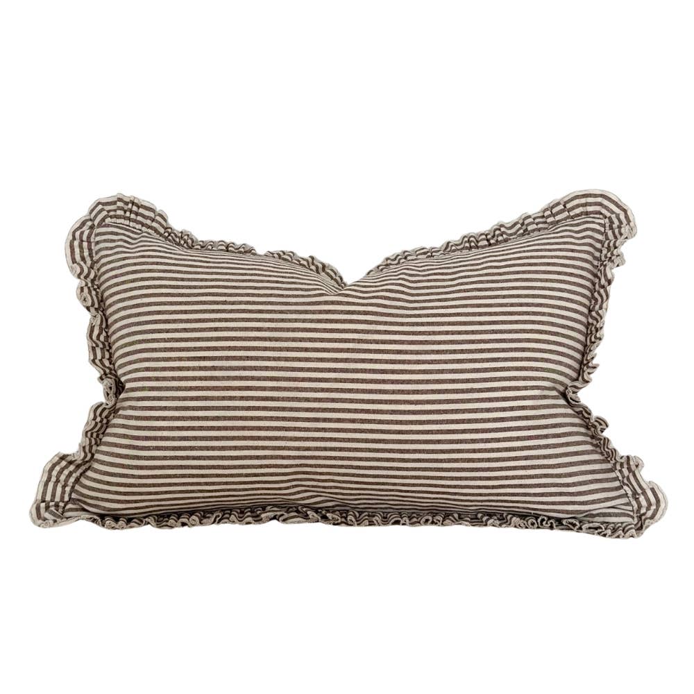 Darcy Dark Brown Stripe Ruffle Cotton Cushion Cover 50x30