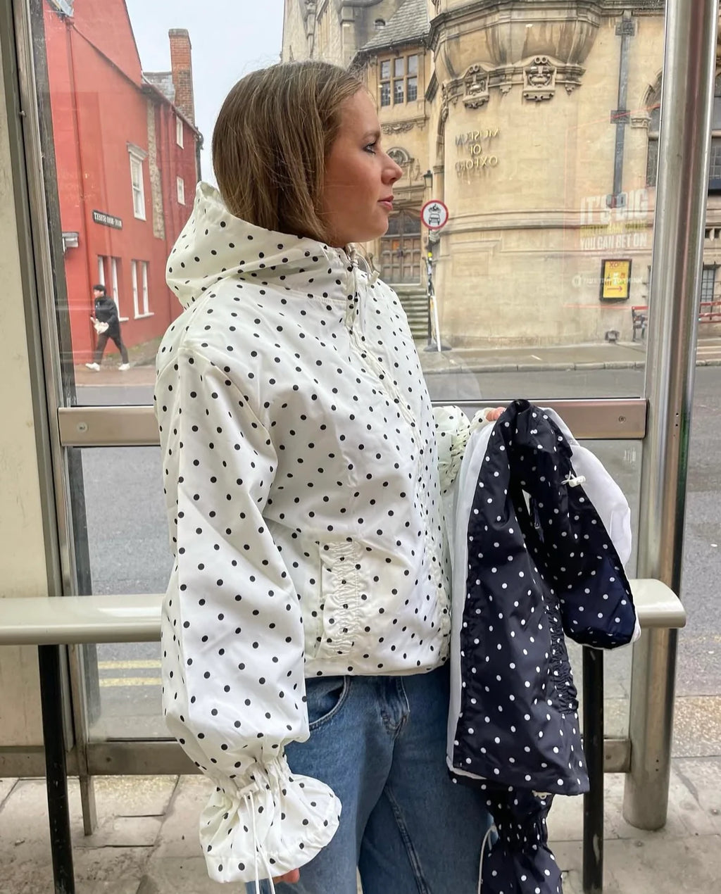 Ginny & Me Cream And Navy Blue Polka Dot Waterproof Windbreaker Jacket