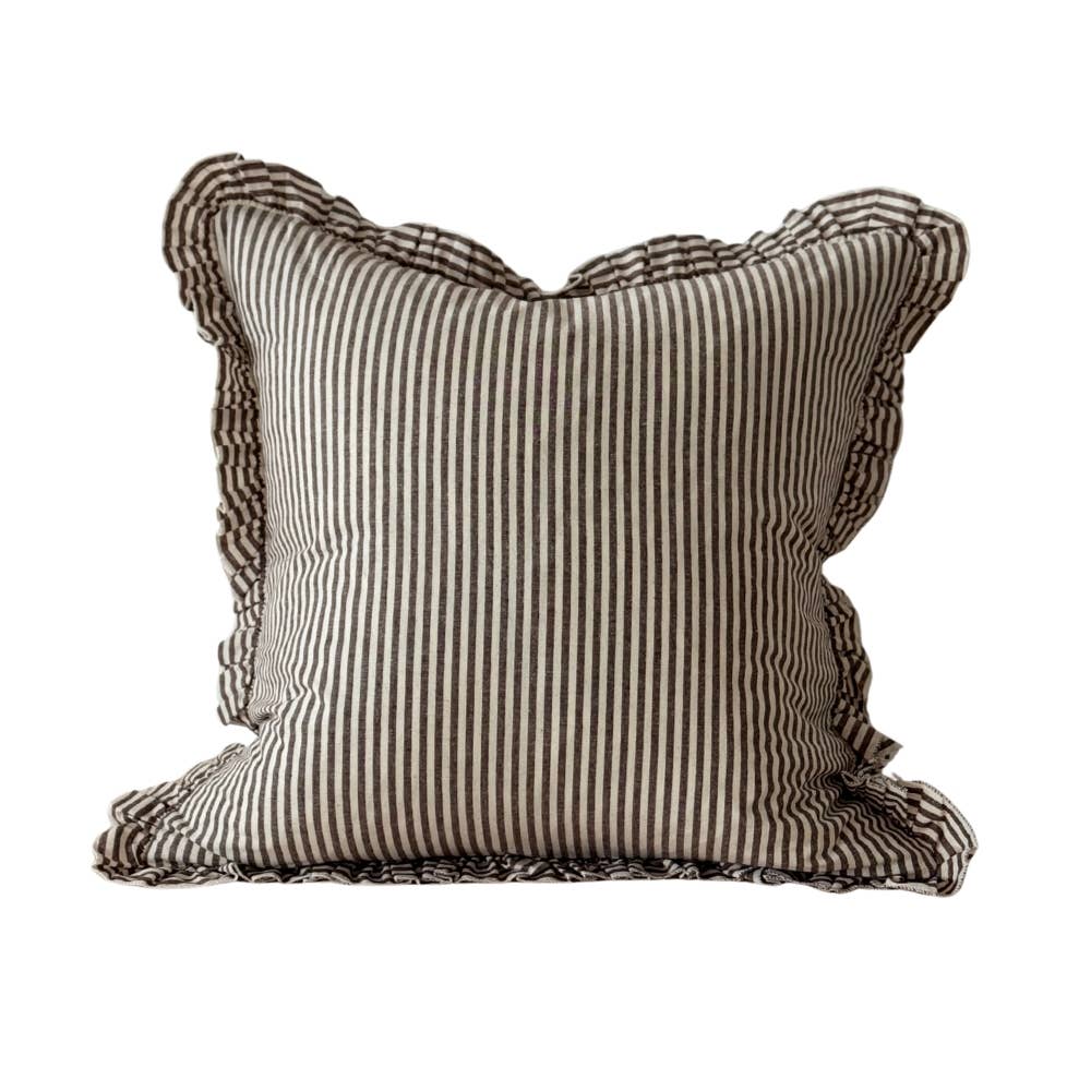 Darcy Dark Brown Stripe Ruffle Cotton Cushion Cover 45x45cm