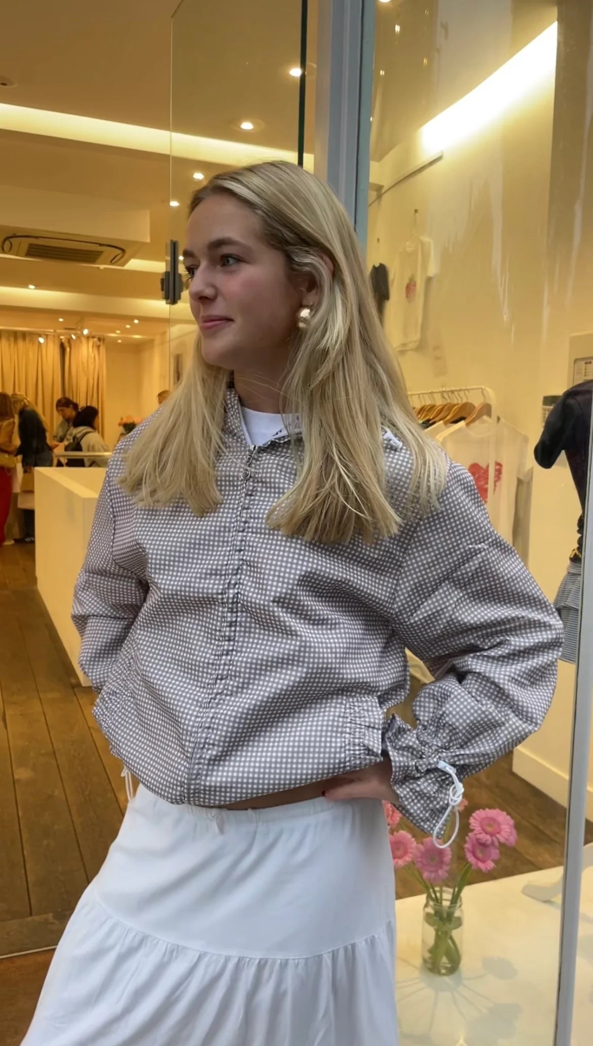 Ginny & Me Beige Gingham Flared Waterproof Windbreaker Jacket