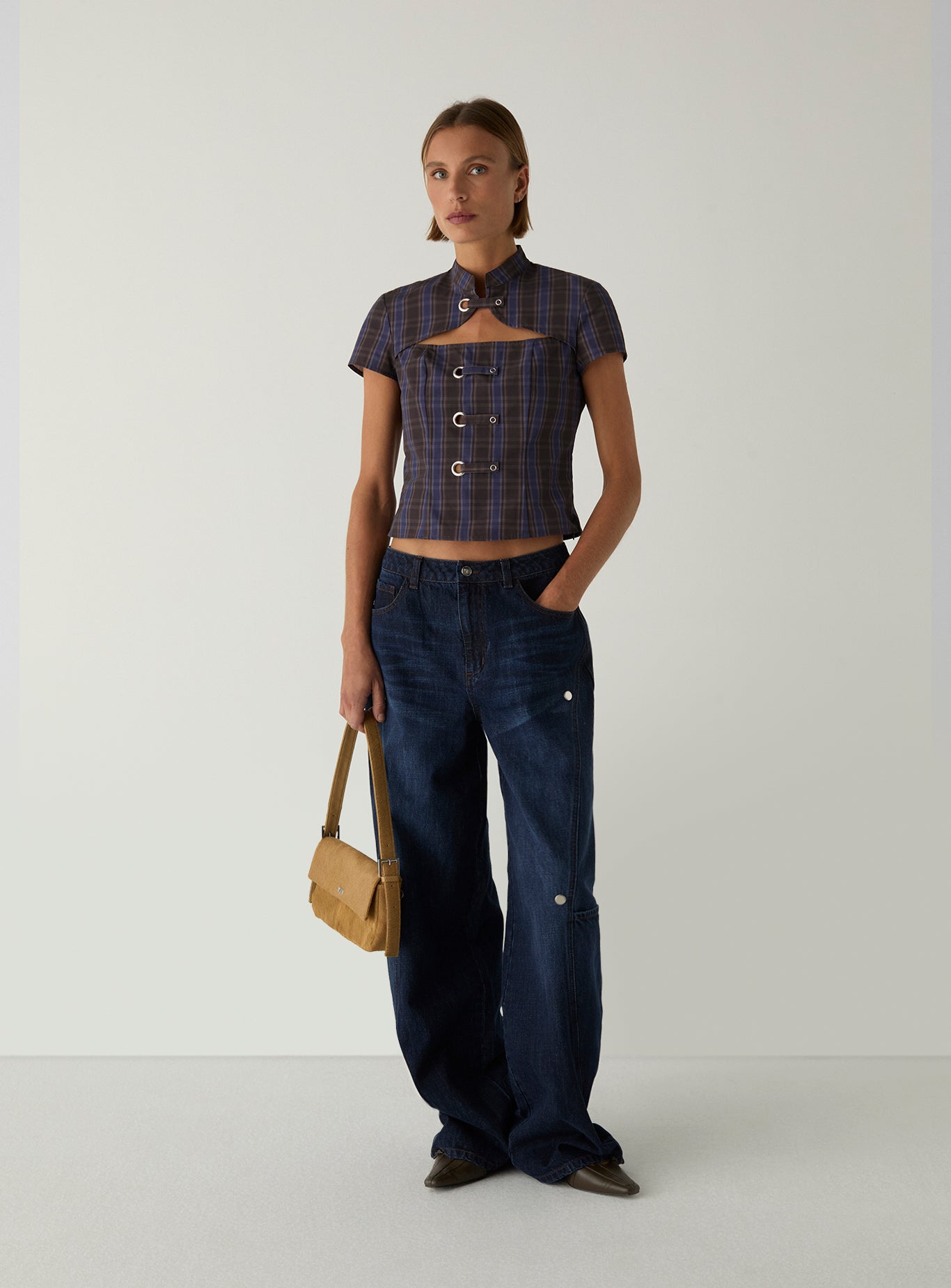 LAAGAM Brown Check Azura Squared Mandarin Style Top