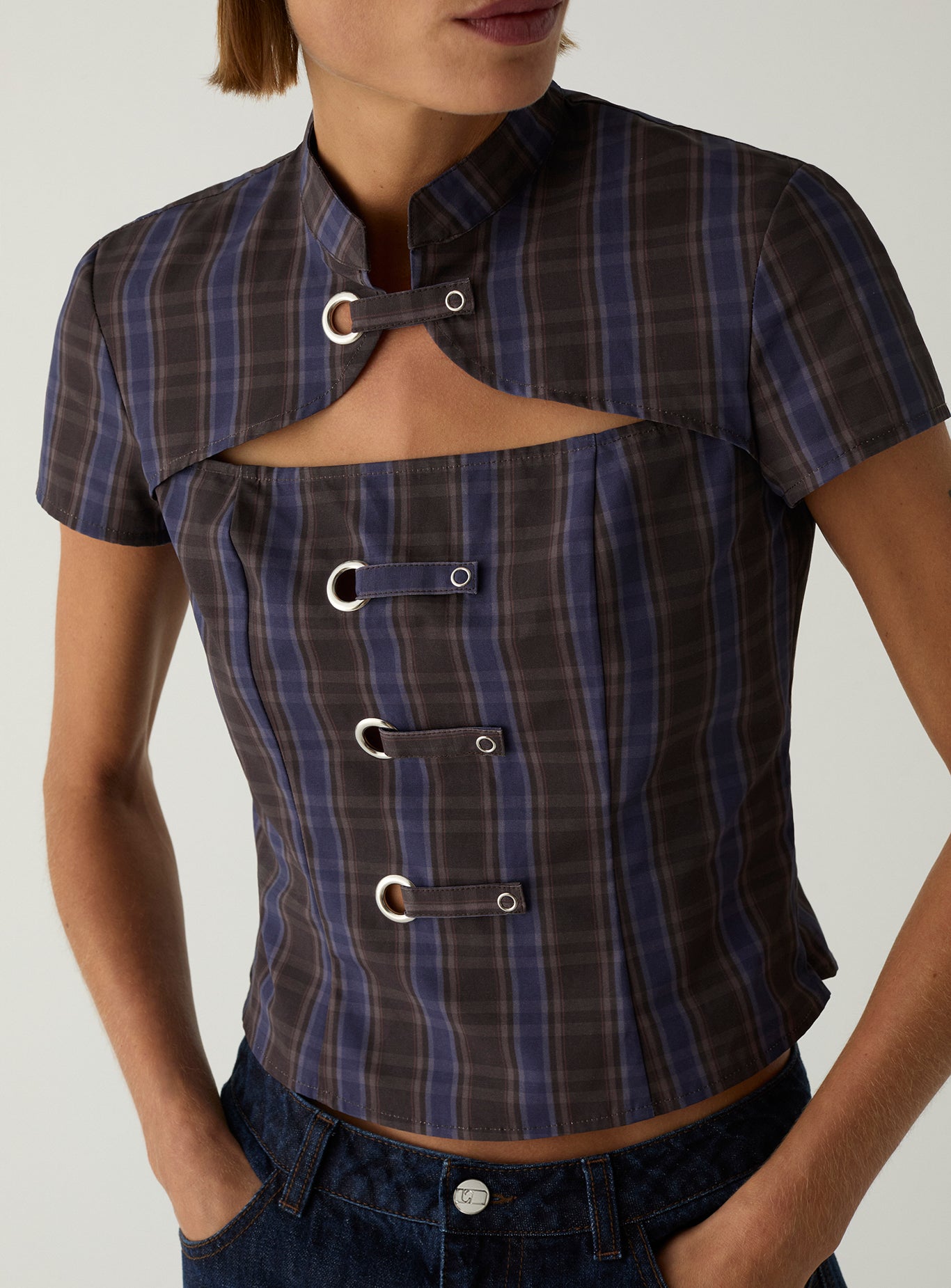 LAAGAM Brown Check Azura Squared Mandarin Style Top