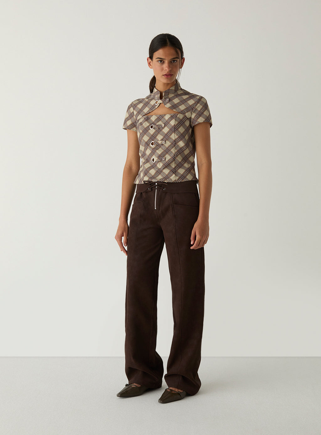 LAAGAM Ecru Check Azura Squared Mandarin Style Top
