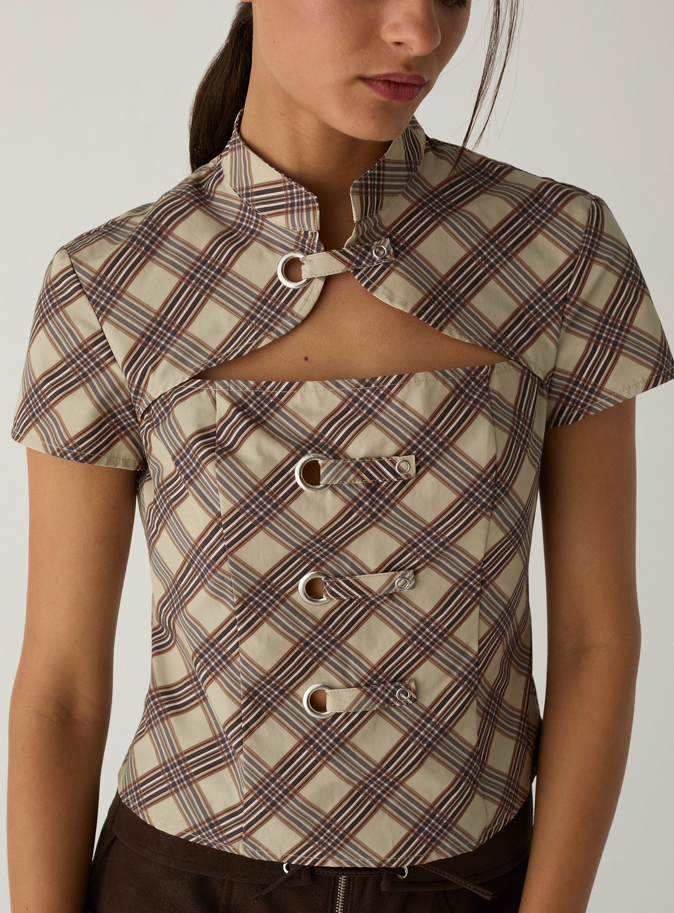 LAAGAM Ecru Check Azura Squared Mandarin Style Top