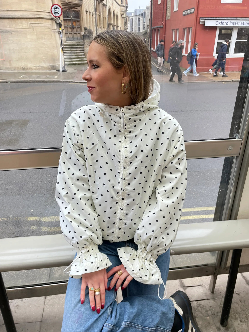 Ginny & Me Cream And Navy Blue Polka Dot Waterproof Windbreaker Jacket
