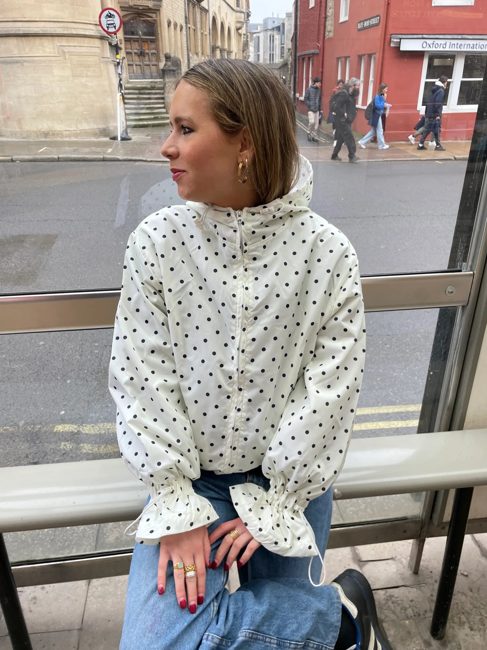 Ginny & Me Cream And Navy Blue Polka Dot Waterproof Windbreaker Jacket