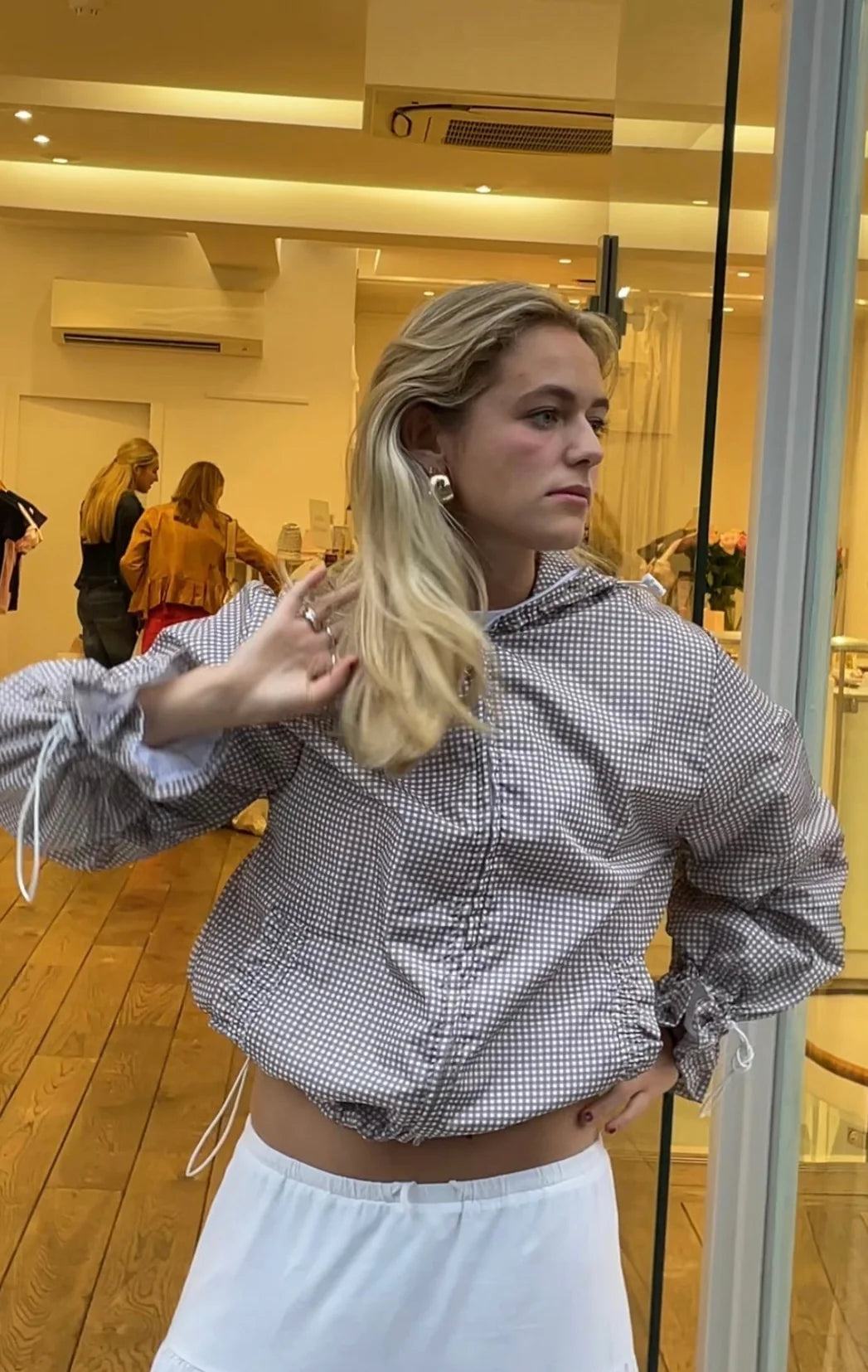 Ginny & Me Beige Gingham Flared Waterproof Windbreaker Jacket