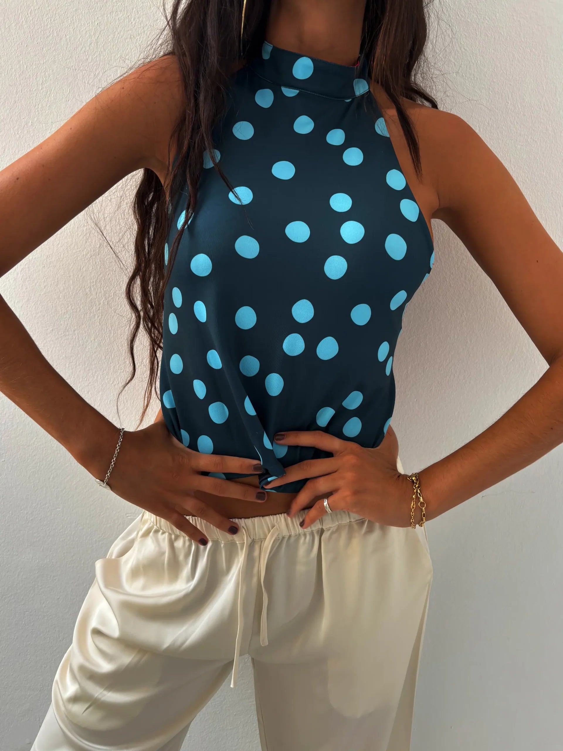 Susmies Blue Polka Dot Floral Dalia Reversible Halterneck Top