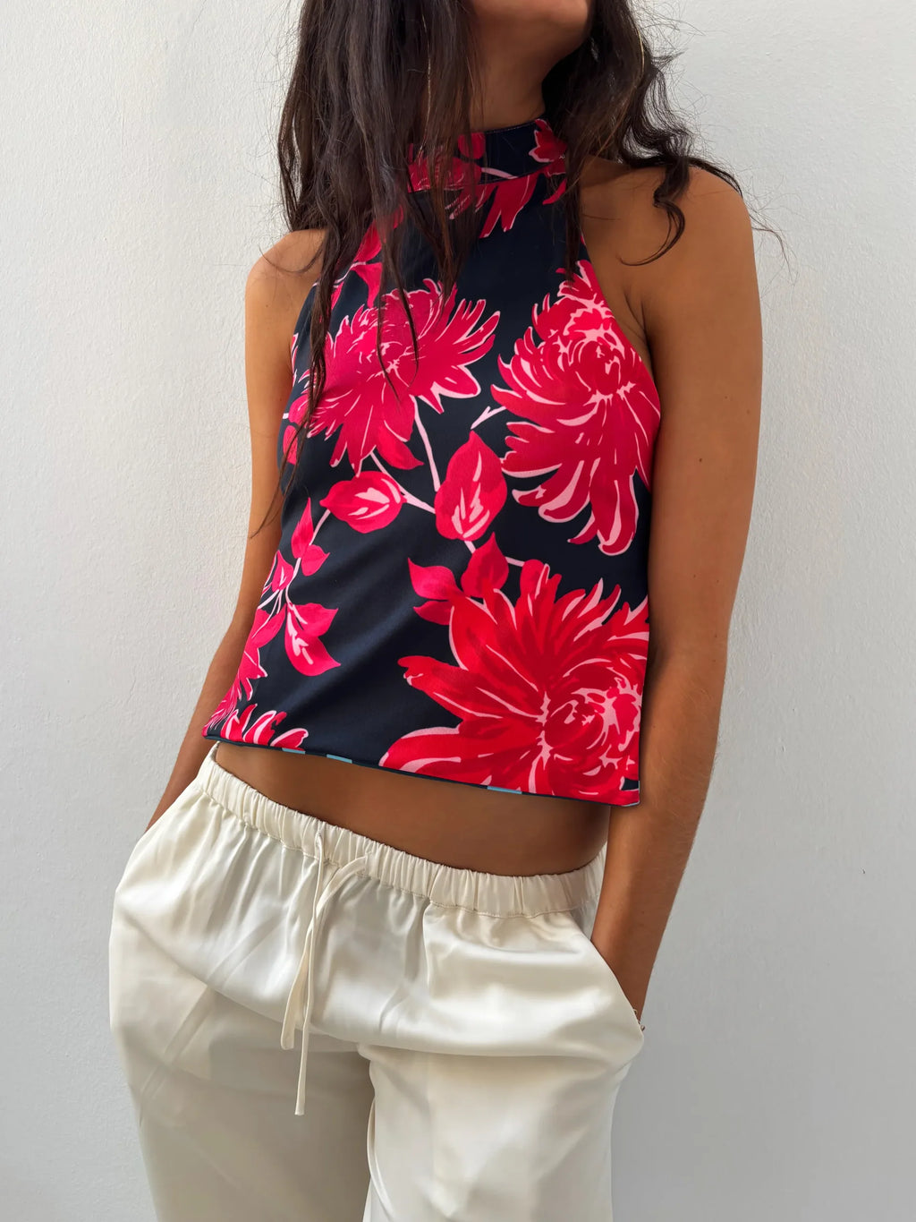 Susmies Blue Polka Dot Floral Dalia Reversible Halterneck Top