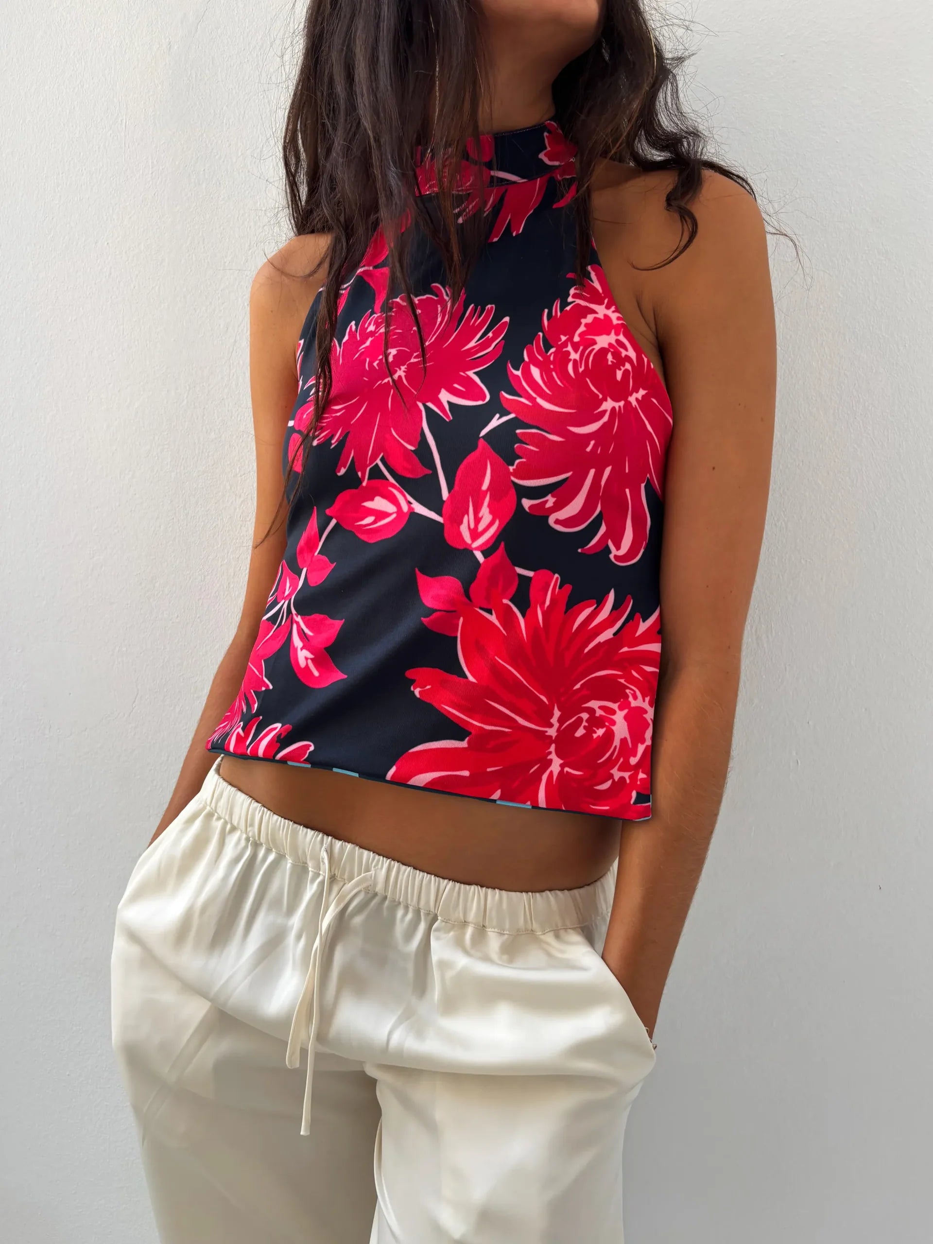 Susmies Blue Polka Dot Floral Dalia Reversible Halterneck Top