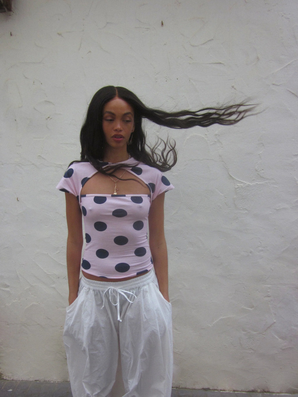 Susmies Light Pink & Blue Lotus Polka Dot Short Sleeve Top