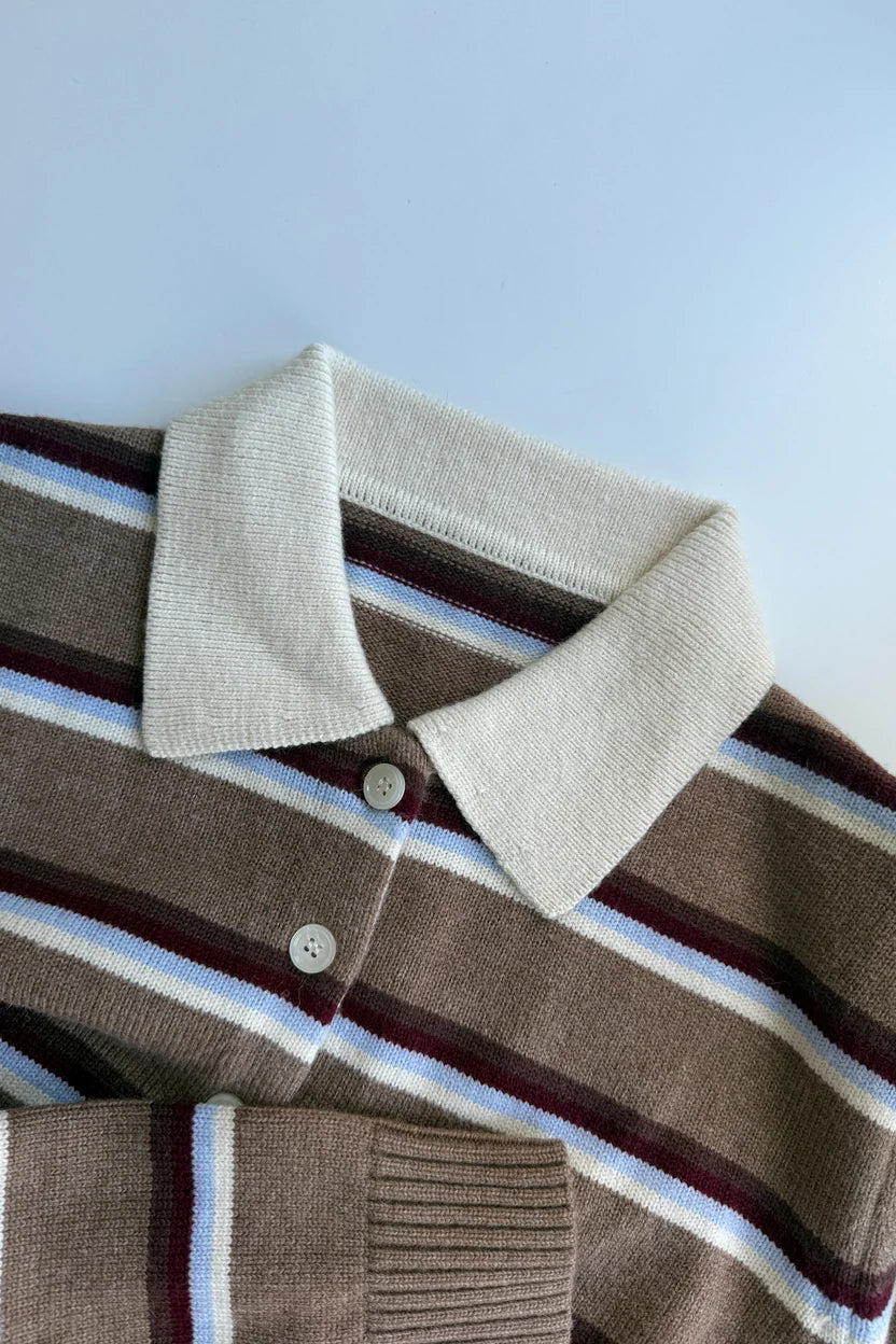 Noella Camel Brown Stripe Merryl Knitted Long Sleeve Wool Blend Polo Shirt