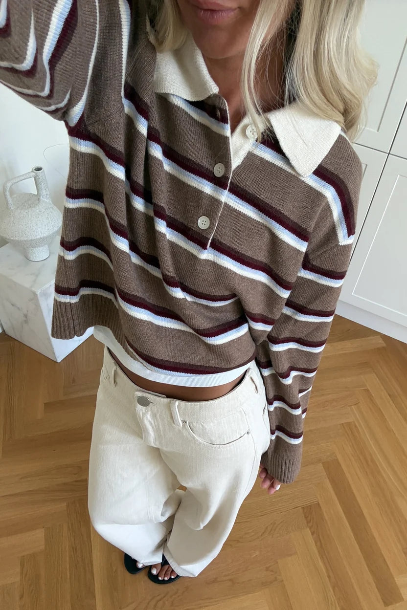 Noella Camel Brown Stripe Merryl Knitted Long Sleeve Wool Blend Polo Shirt