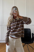 Noella Camel Brown Stripe Merryl Knitted Long Sleeve Wool Blend Polo Shirt