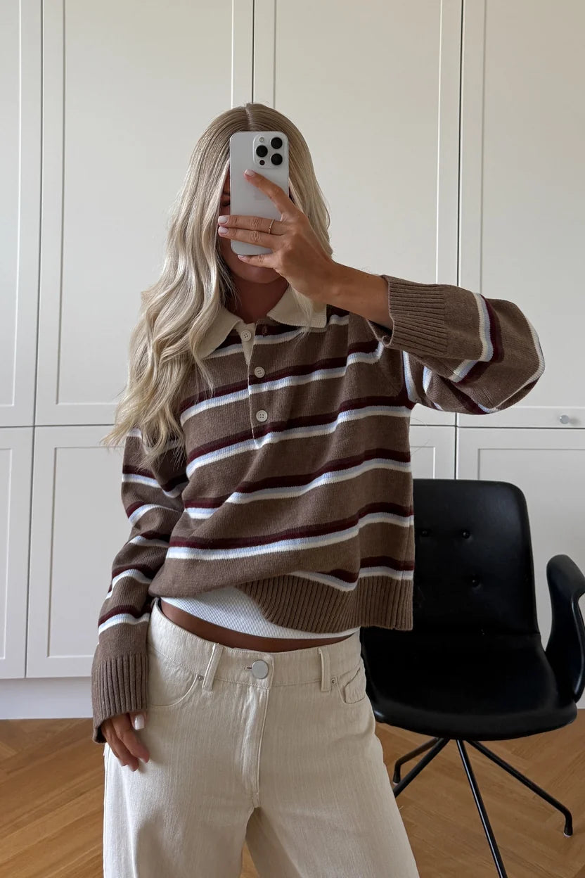 Noella Camel Brown Stripe Merryl Knitted Long Sleeve Wool Blend Polo Shirt