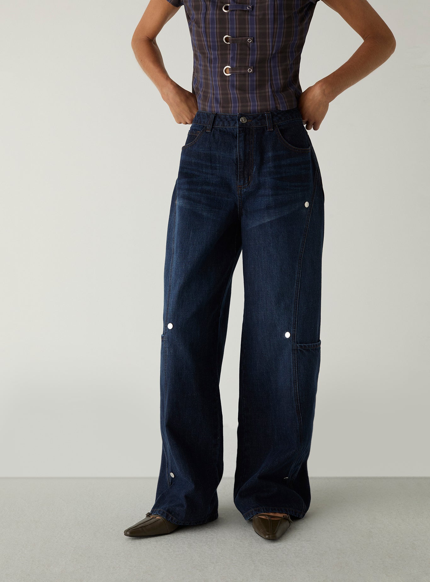 LAAGAM Rinse Blue Lodo Wide Leg Stud Detail Denim Jeans