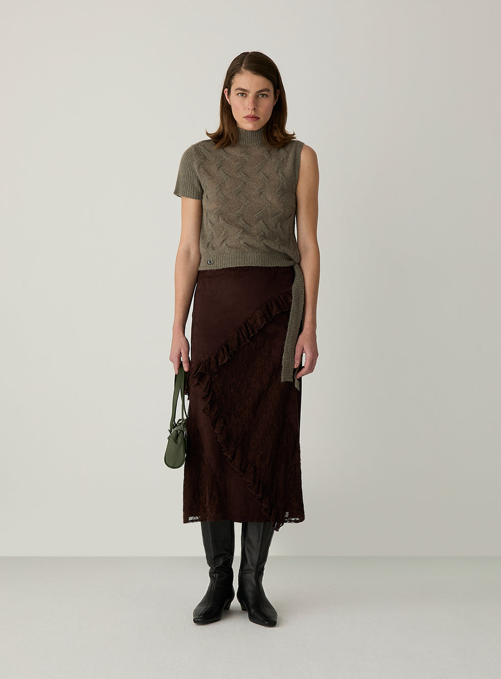 LAAGAM Brown Paols Faux Suede Lace Midi Skirt Pre-Order