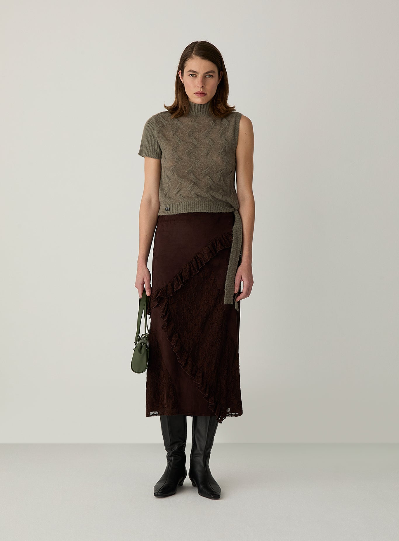 LAAGAM Brown Paols Faux Suede Lace Midi Skirt Pre-Order