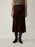 LAAGAM Brown Paols Faux Suede Lace Midi Skirt Pre-Order