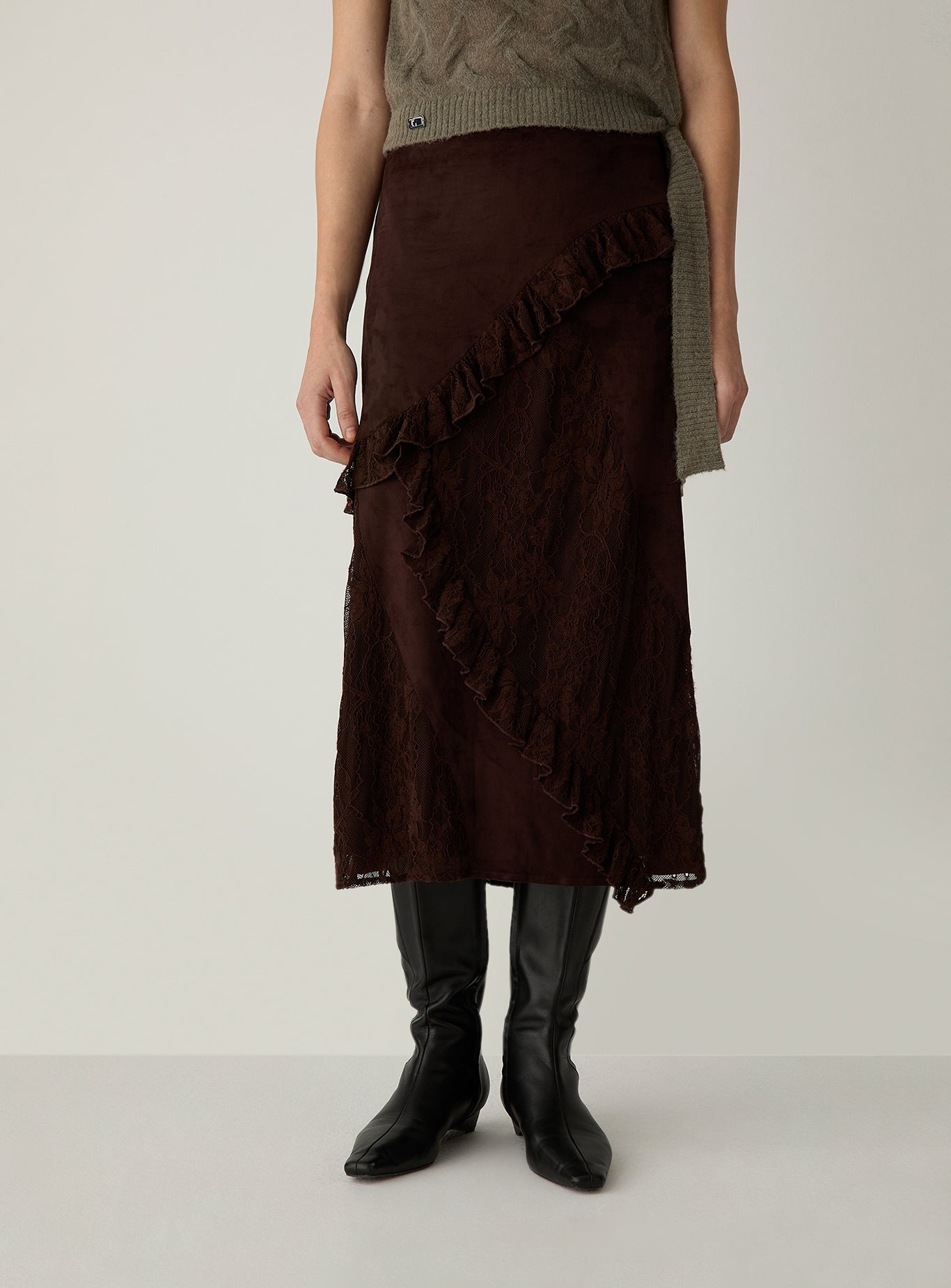 LAAGAM Brown Paols Faux Suede Lace Midi Skirt Pre-Order