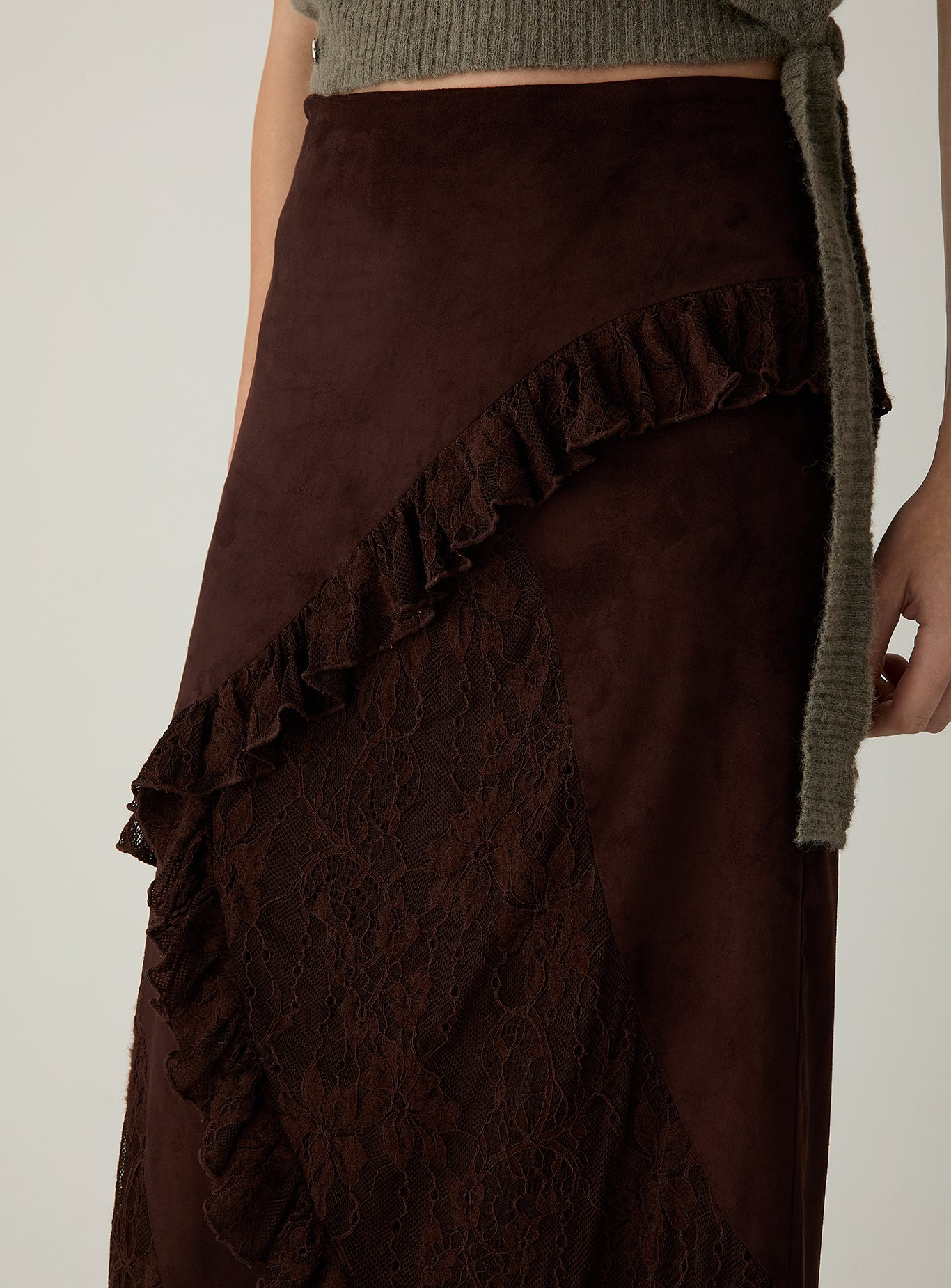 LAAGAM Brown Paols Faux Suede Lace Midi Skirt Pre-Order