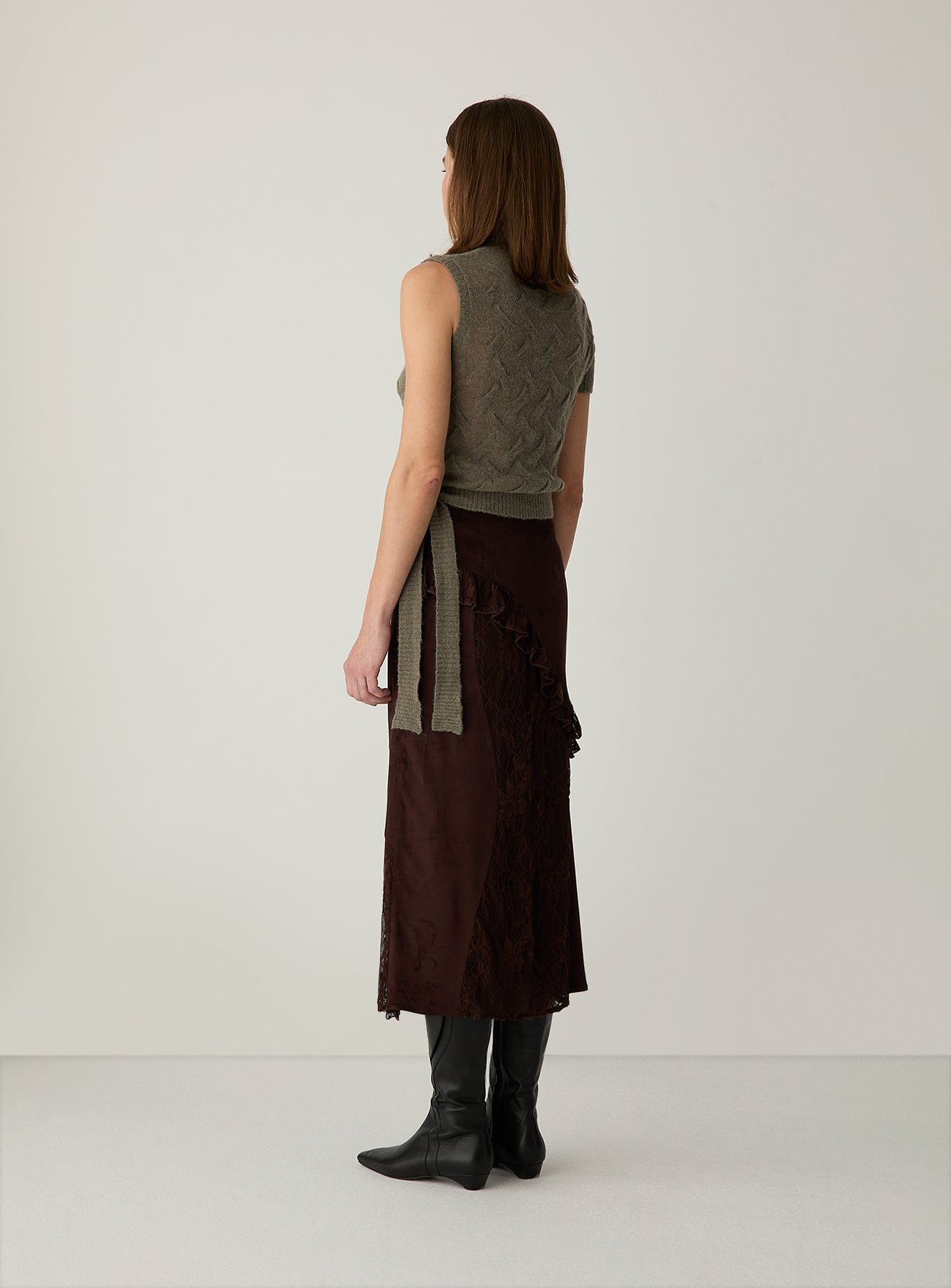 LAAGAM Brown Paols Faux Suede Lace Midi Skirt Pre-Order