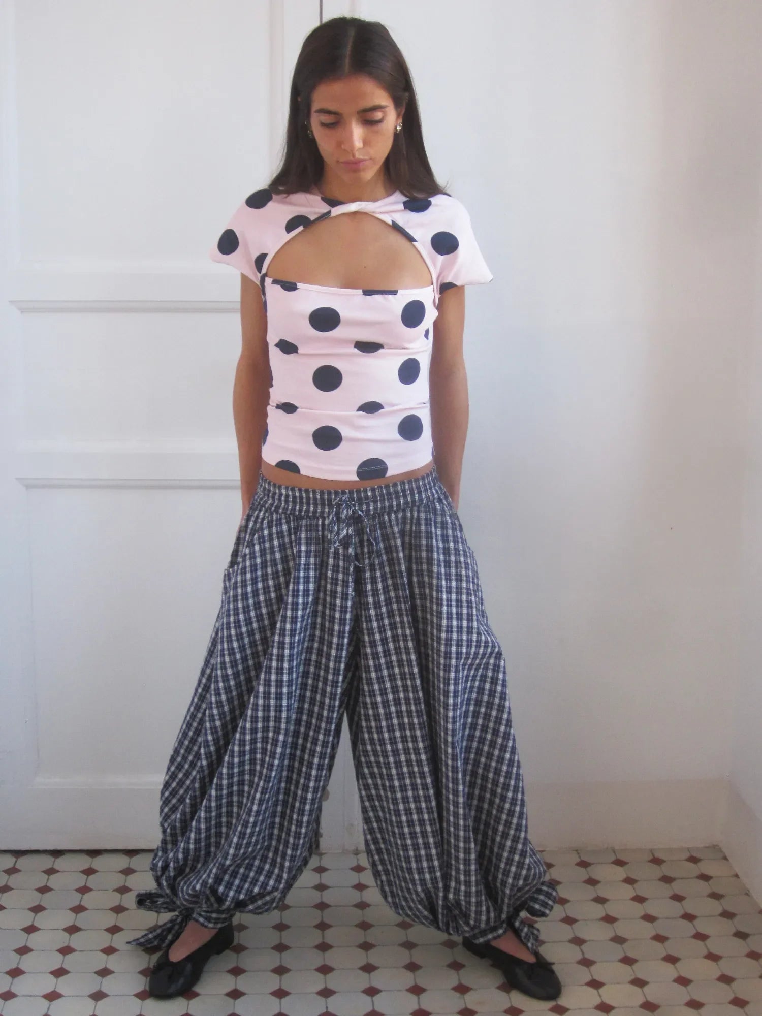 Susmies Light Pink & Blue Lotus Polka Dot Short Sleeve Top