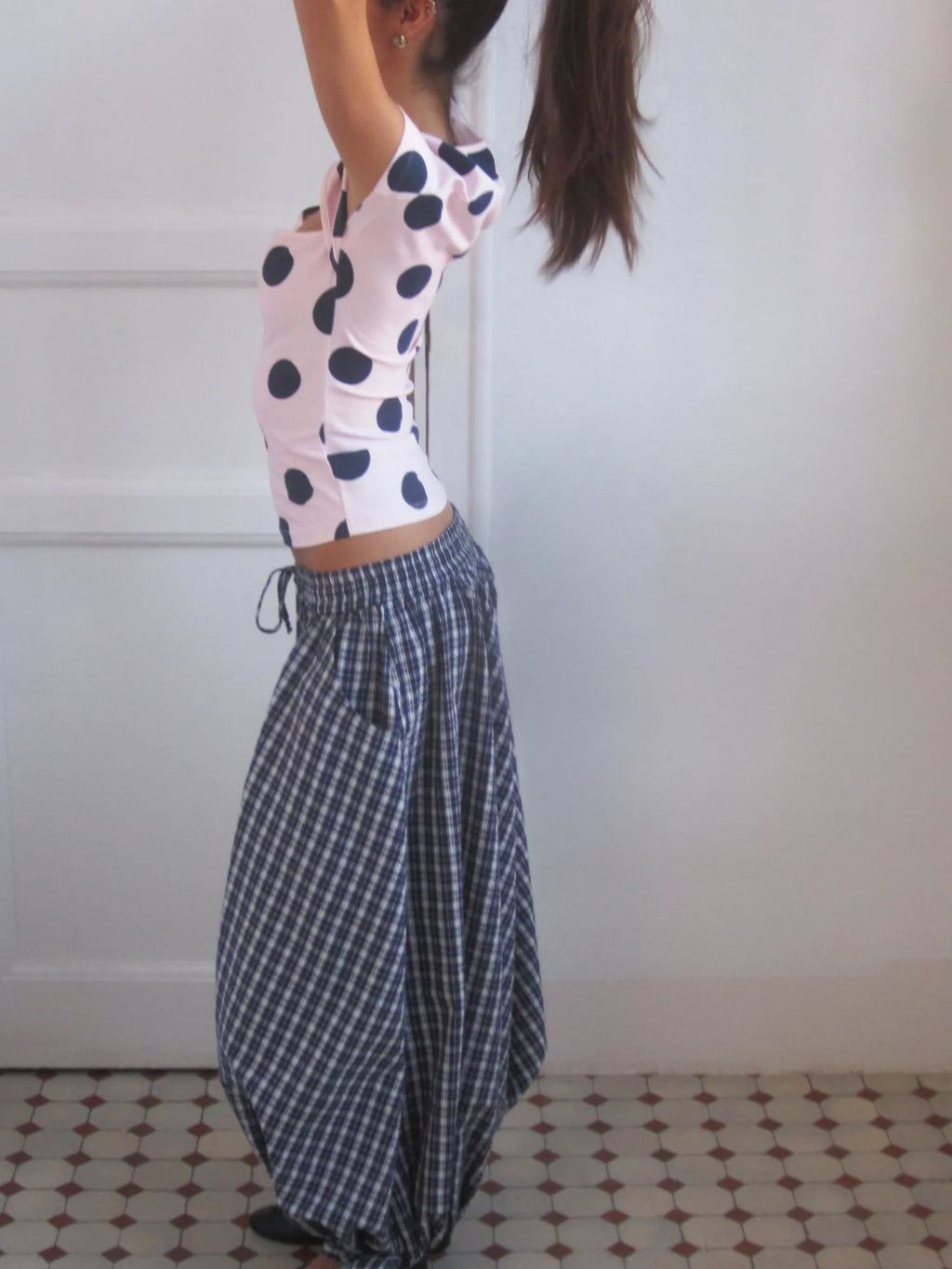 Susmies Light Pink & Blue Lotus Polka Dot Short Sleeve Top
