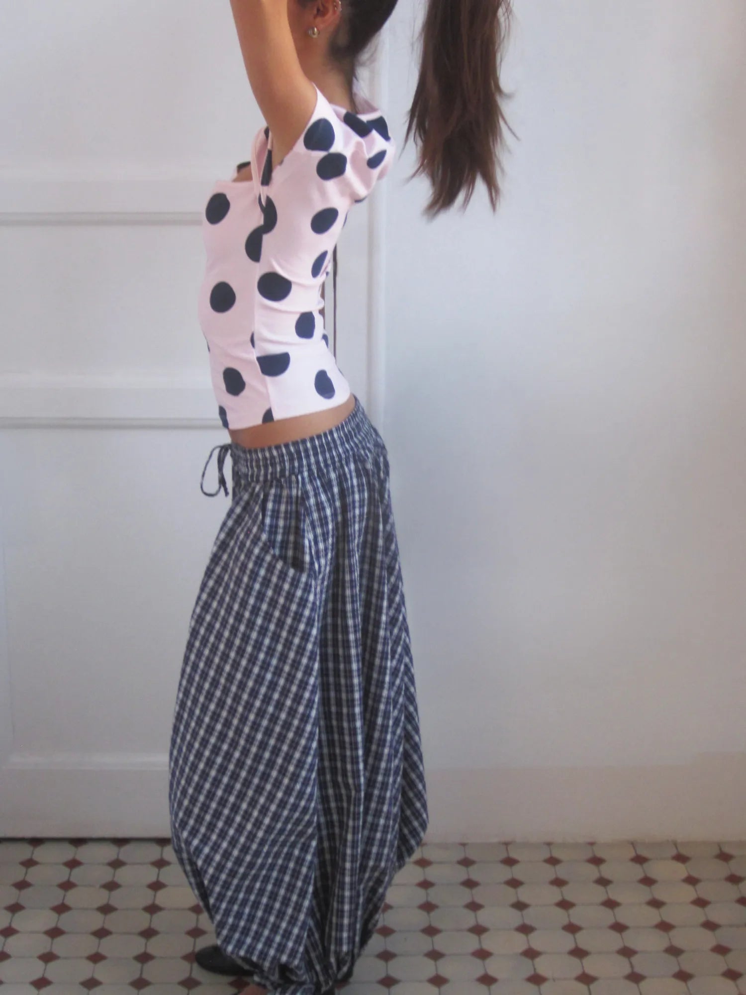 Susmies Light Pink & Blue Lotus Polka Dot Short Sleeve Top