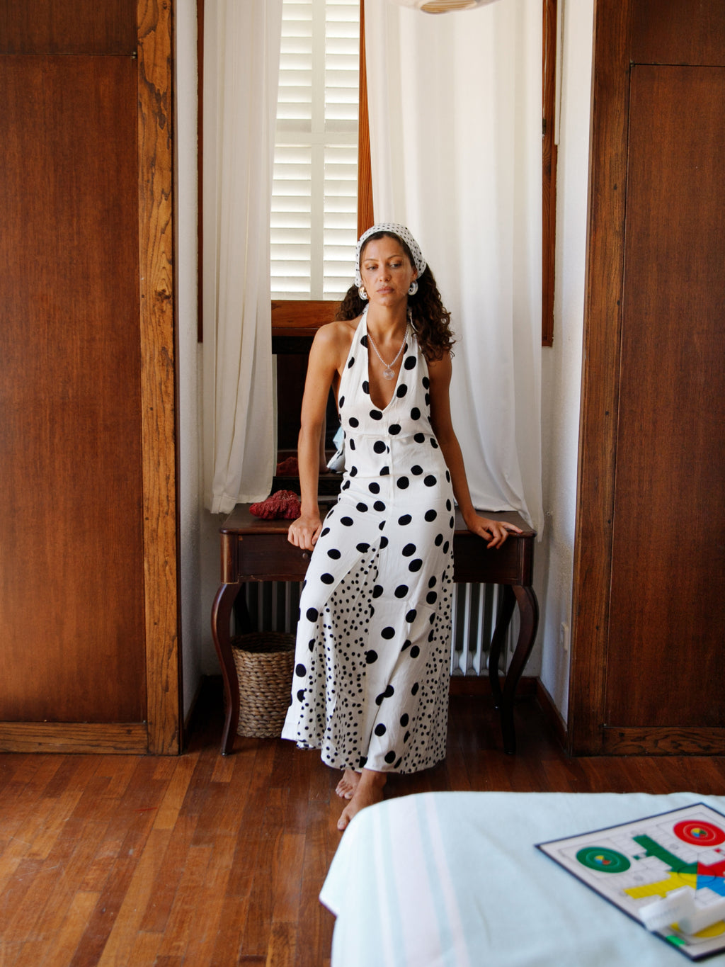 Susmies White & Black Maria Polka Dot Halterneck Dress