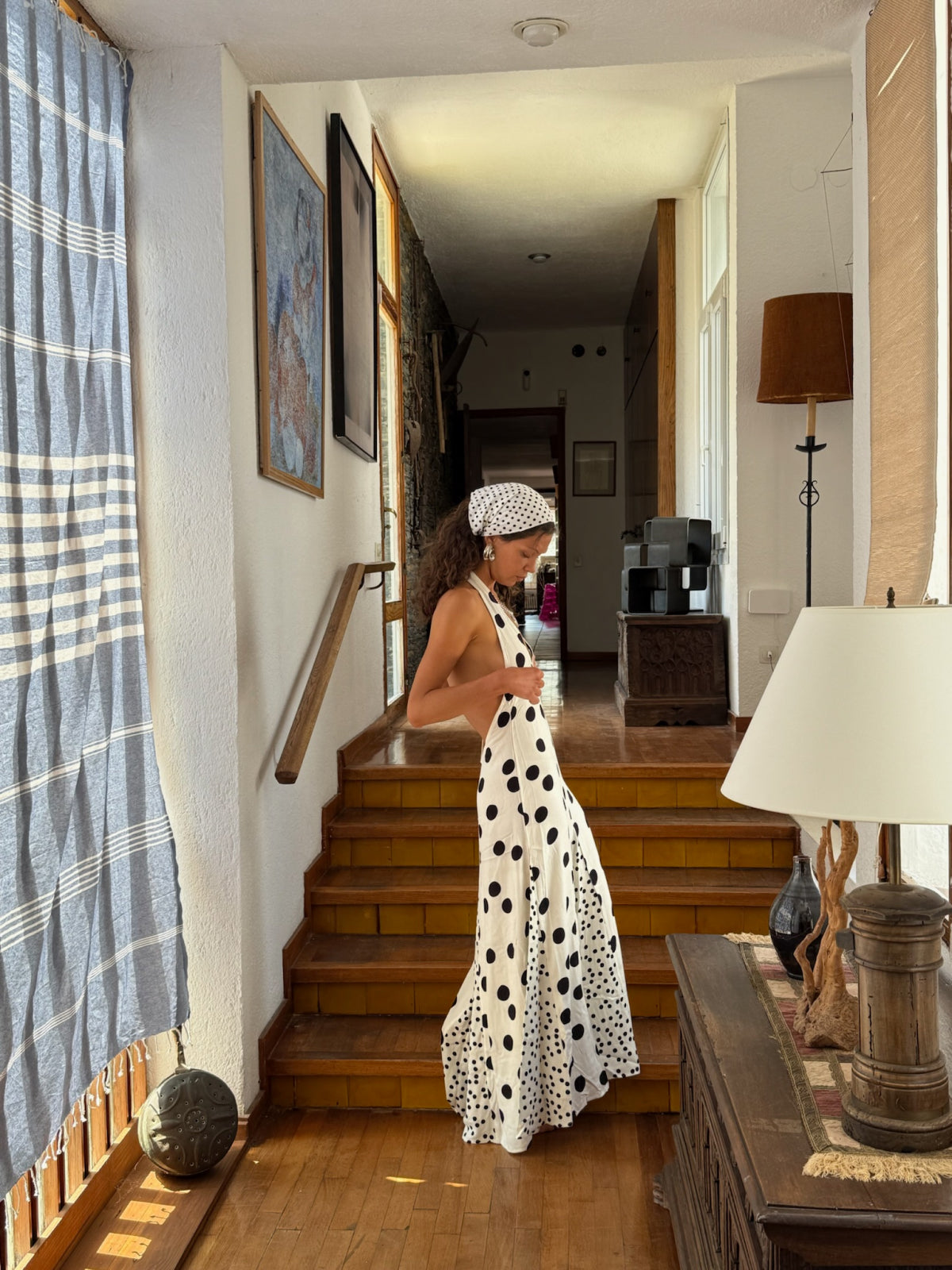 Susmies White & Black Maria Polka Dot Halterneck Dress