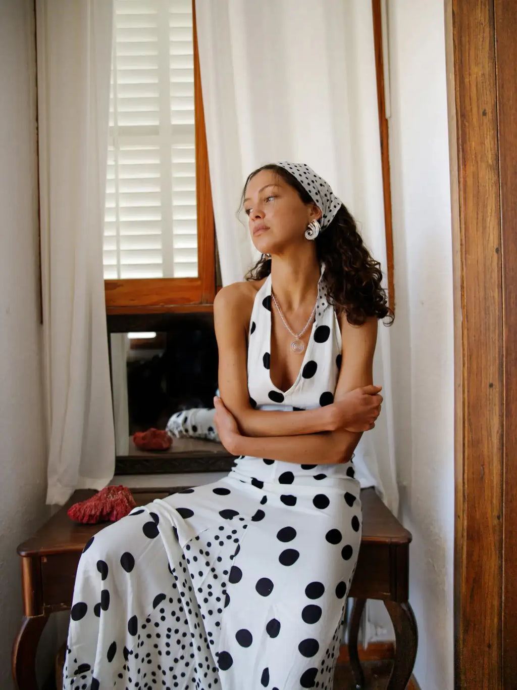 Susmies White & Black Maria Polka Dot Halterneck Dress